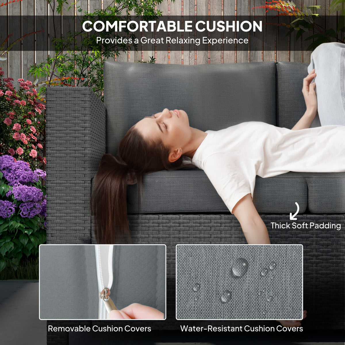3-Seat Rattan Wicker Outdoor Sofa with Cushions, Grey