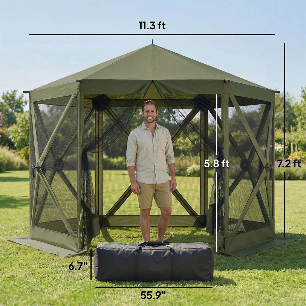 10' x 11' Pop Up Gazebo Screen Tent with Mesh Netting, Dark Green