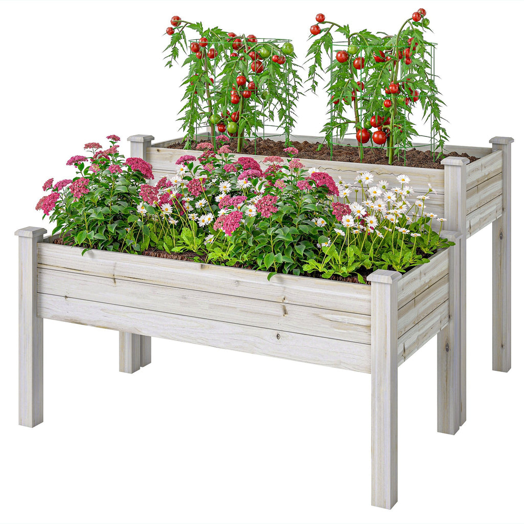 2-Tier Wooden Raised Garden Bed with 2 Compartments, Natural
