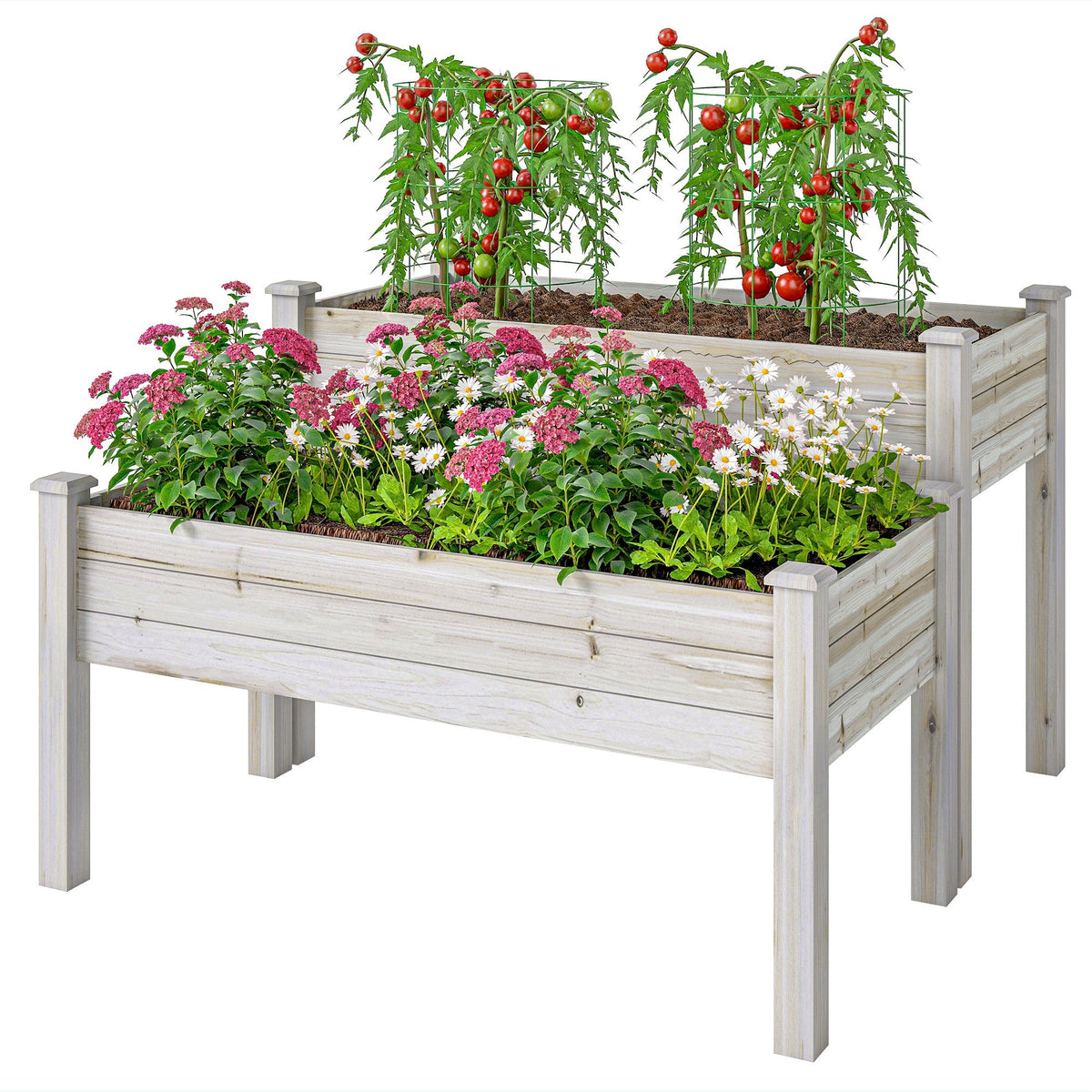 2-Tier Wooden Raised Garden Bed with 2 Compartments, Natural