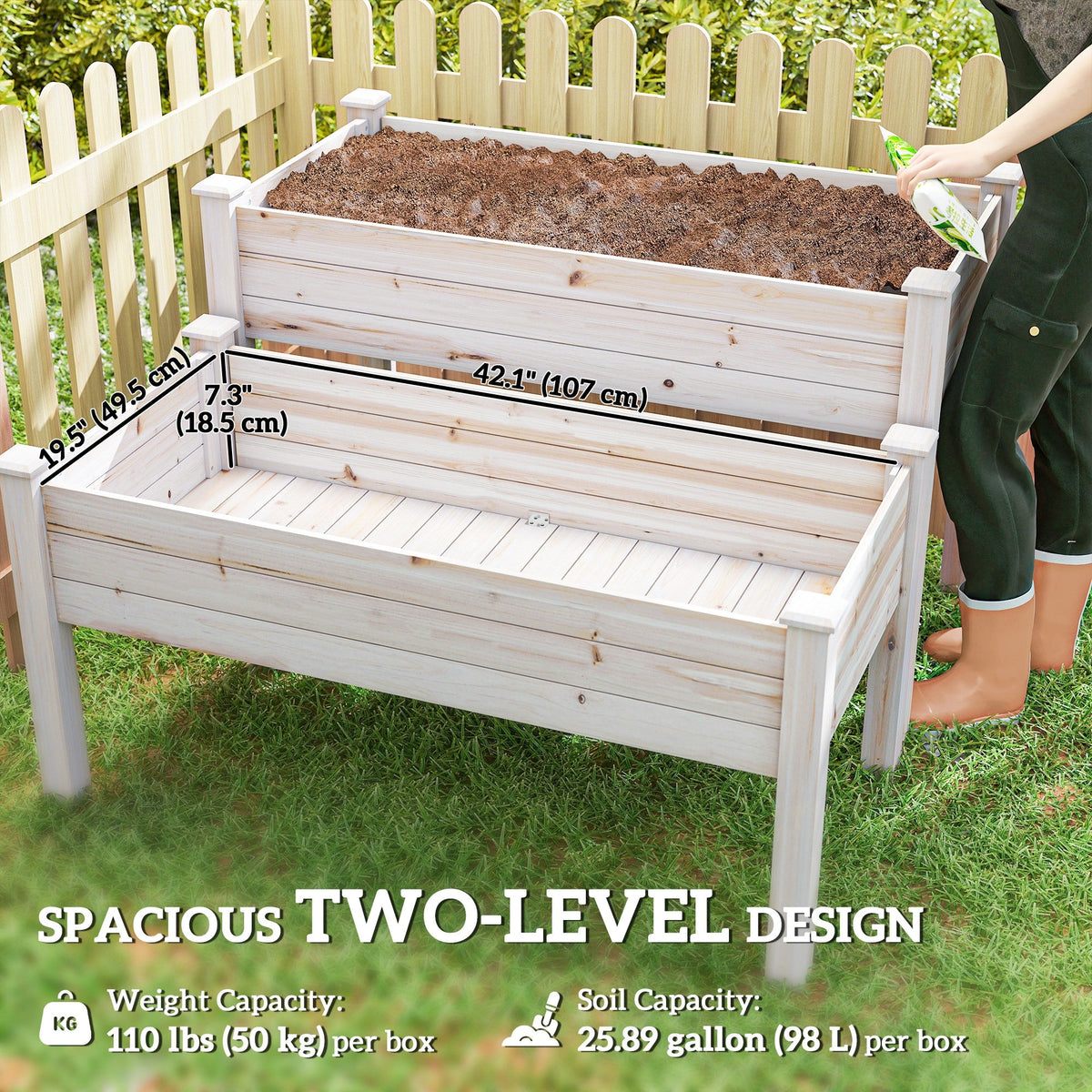 2-Tier Wooden Raised Garden Bed with 2 Compartments, Natural