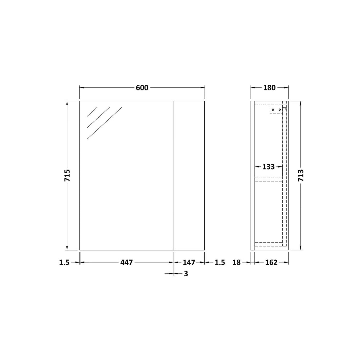 Linen Non Illuminated Mirror Cabinet 75/25 - 715mm x 600mm