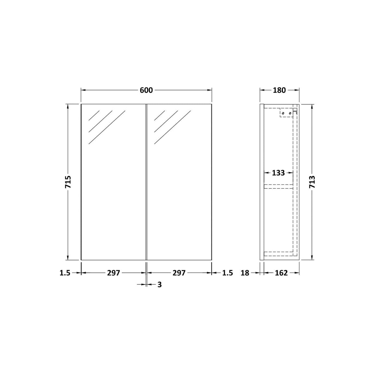 Nova 2 Door Non Illuminated Mirror Cabinet - 715mm x 600mm