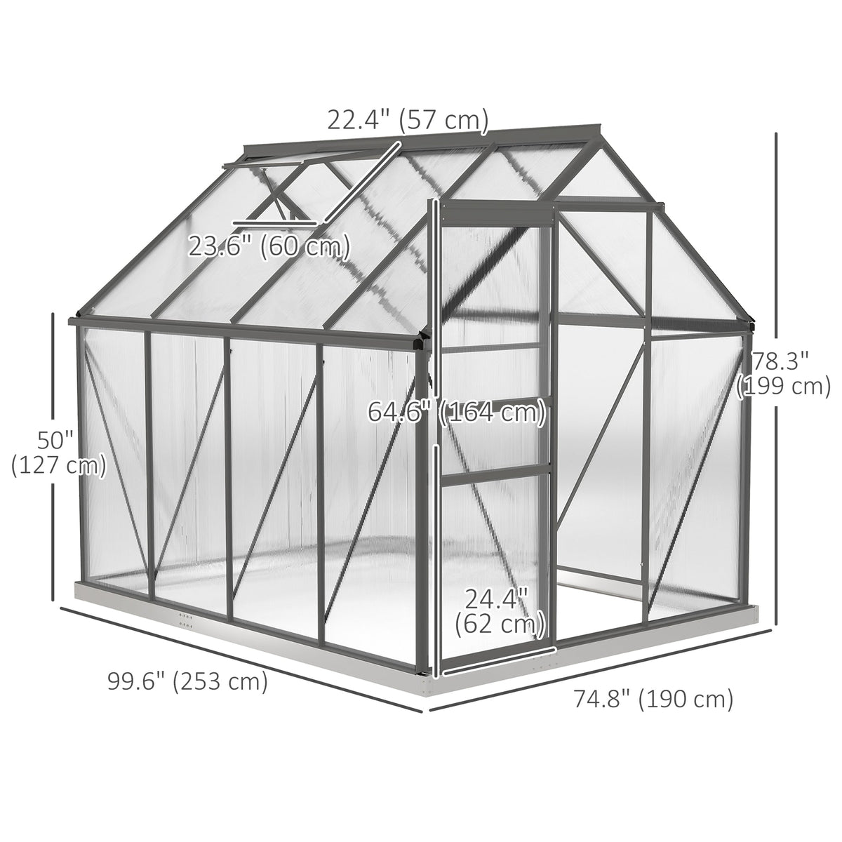 BloomGreen 6' x 8' x 6.5' Polycarbonate Greenhouse with Adjustable Roof Vent & Sliding Door, Charcoal Grey
