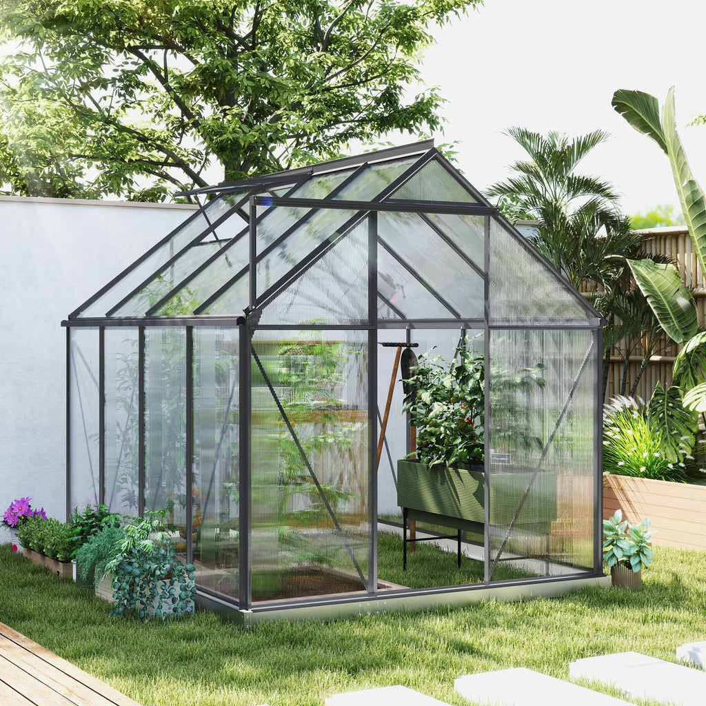 BloomGreen 6' x 8' x 6.5' Polycarbonate Greenhouse with Adjustable Roof Vent & Sliding Door, Charcoal Grey