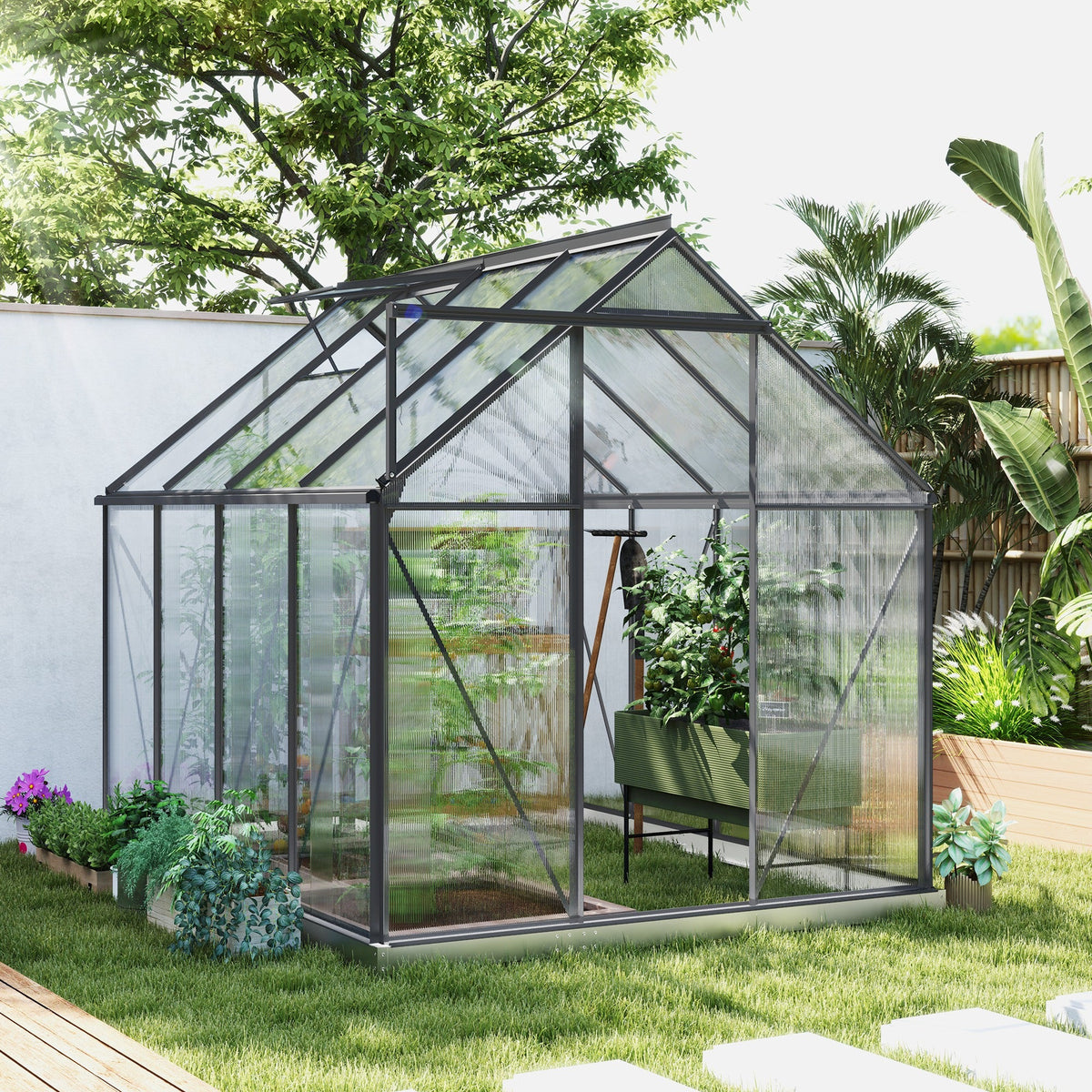 BloomGreen 6' x 8' x 6.5' Polycarbonate Greenhouse with Adjustable Roof Vent & Sliding Door, Charcoal Grey