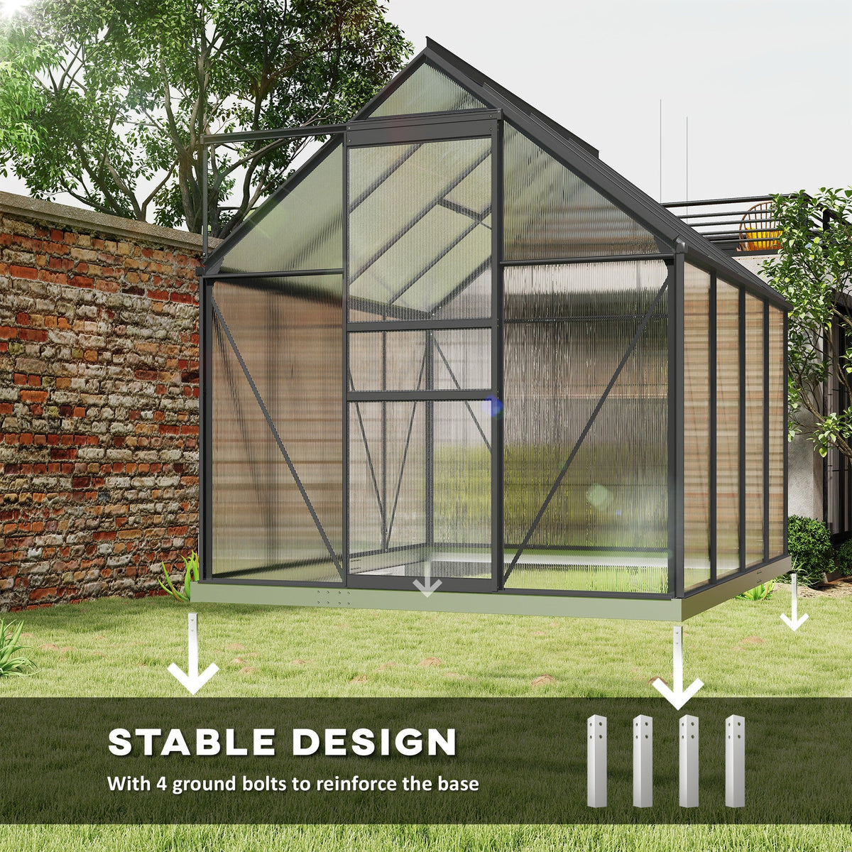 BloomGreen 6' x 8' x 6.5' Polycarbonate Greenhouse with Adjustable Roof Vent & Sliding Door, Charcoal Grey