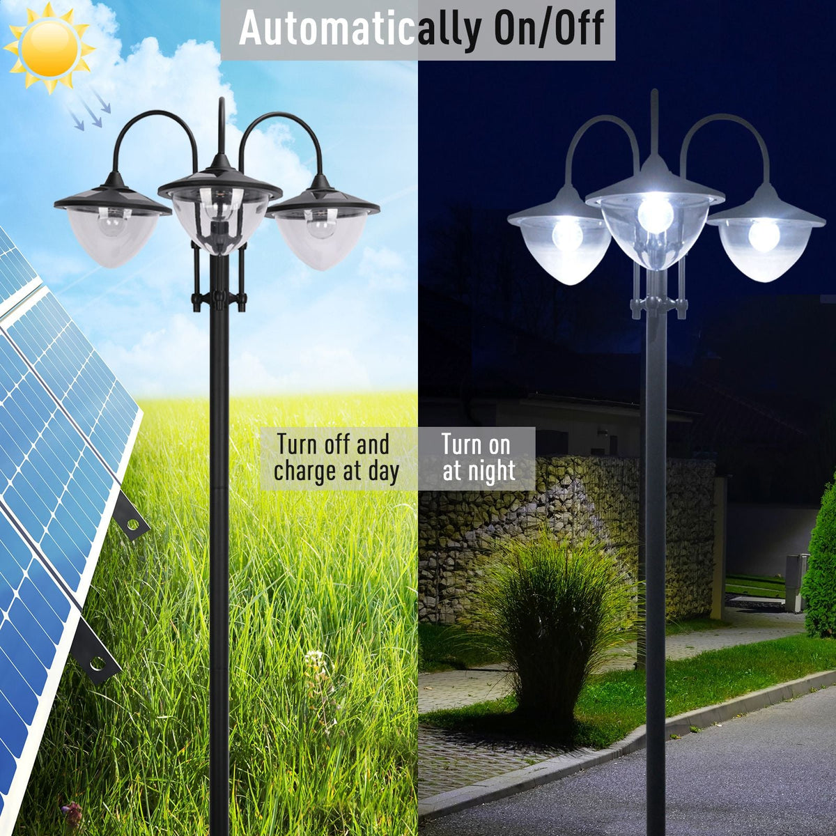 74.5" 3-Head Solar Street Light Post with Planter, Auto-On, 6Hr, Black