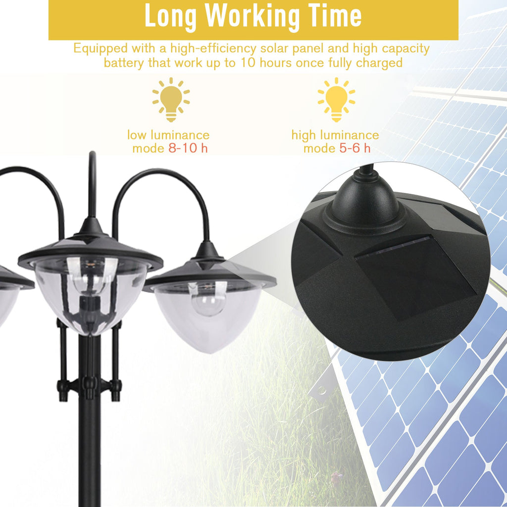 74.5" 3-Head Solar Street Light Post with Planter, Auto-On, 6Hr, Black