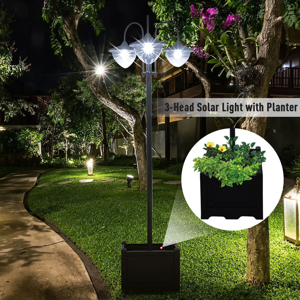 74.5" 3-Head Solar Street Light Post with Planter, Auto-On, 6Hr, Black