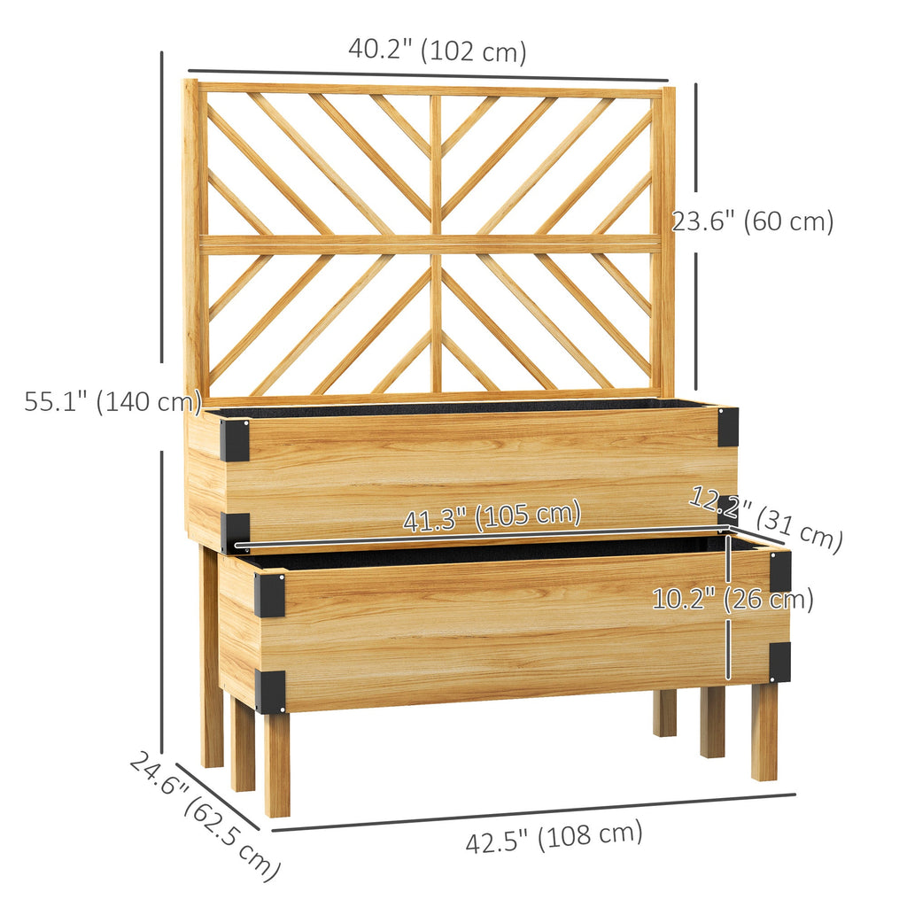 2-Tier Raised Garden Bed with Trellis & Metal Corners, Natural Wood