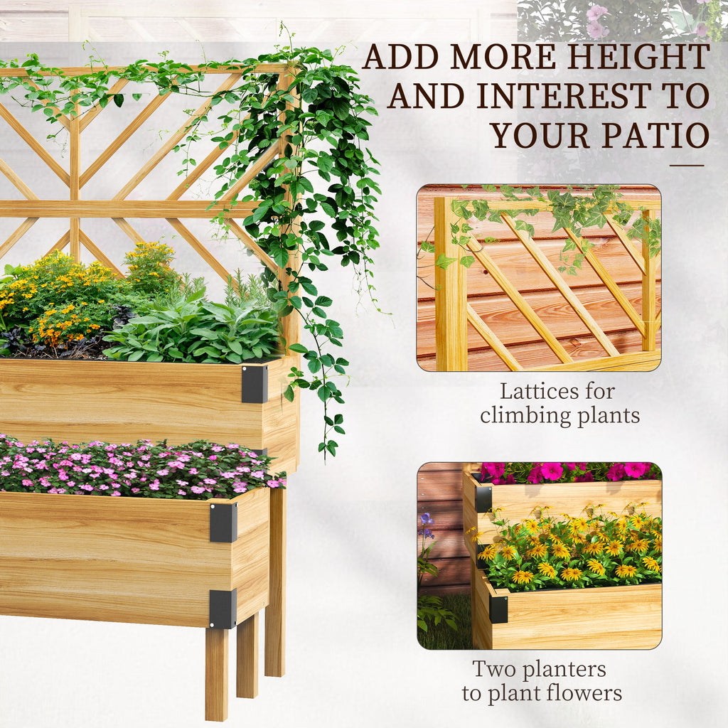 2-Tier Raised Garden Bed with Trellis & Metal Corners, Natural Wood