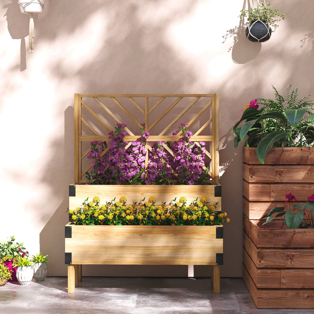 2-Tier Raised Garden Bed with Trellis & Metal Corners, Natural Wood