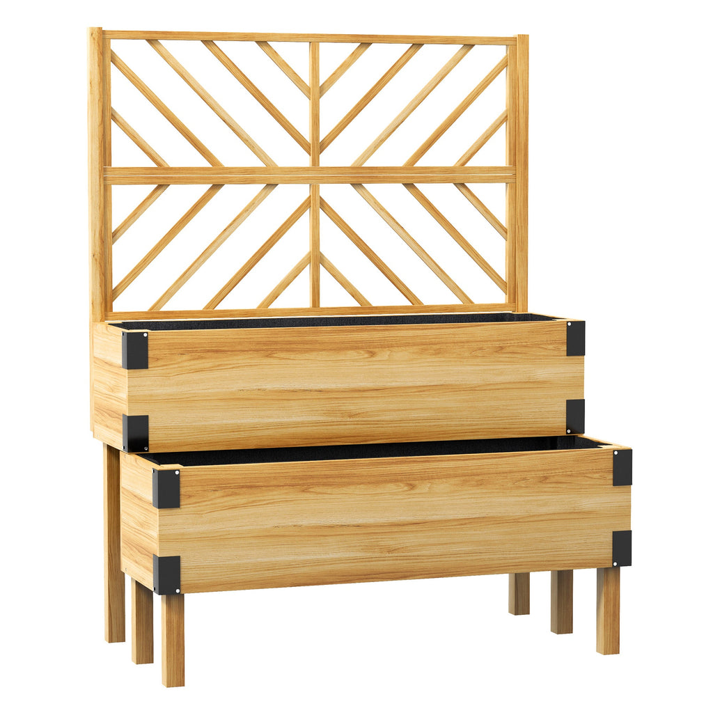 2-Tier Raised Garden Bed with Trellis & Metal Corners, Natural Wood