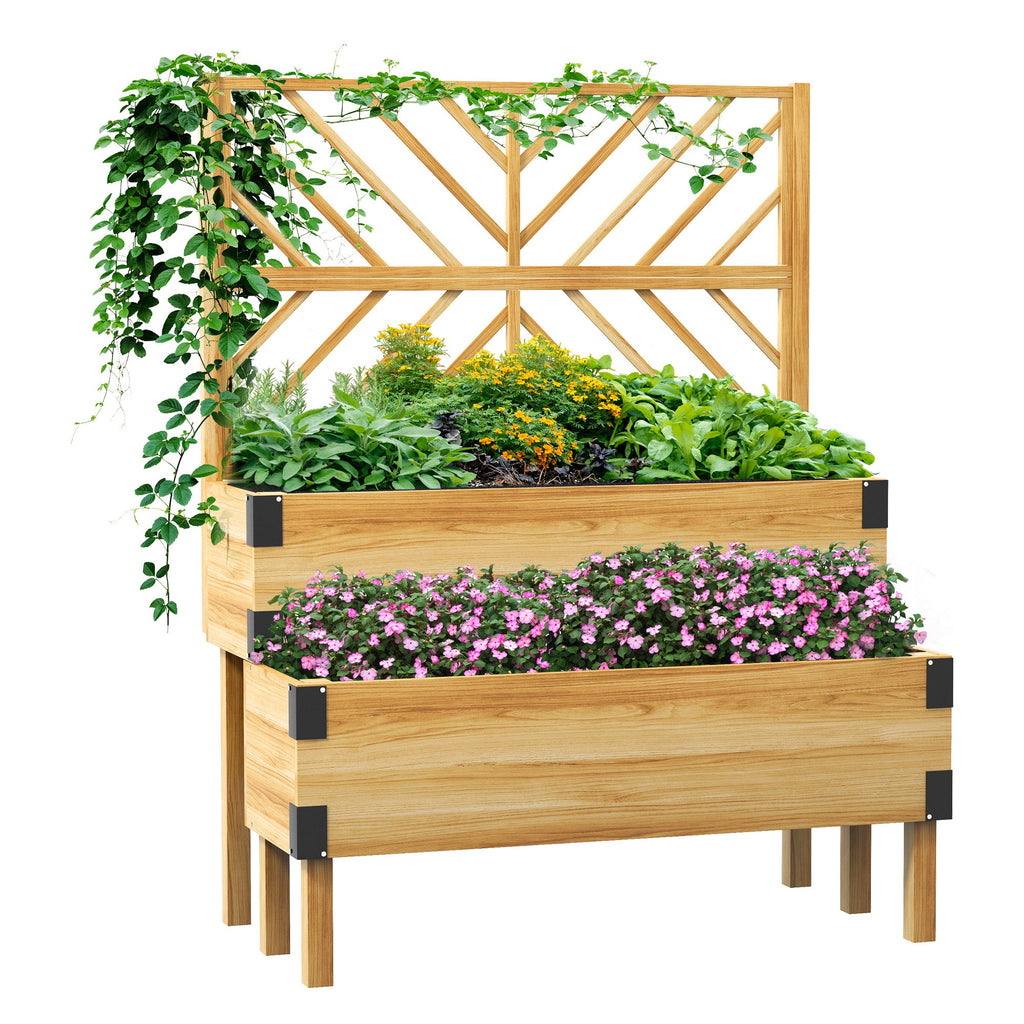 2-Tier Raised Garden Bed with Trellis & Metal Corners, Natural Wood