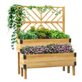 2-Tier Raised Garden Bed with Trellis & Metal Corners, Natural Wood
