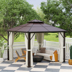3 x 3m Hardtop Gazebo with Double Polycarbonate Roof, Curtains & Netting, Beige