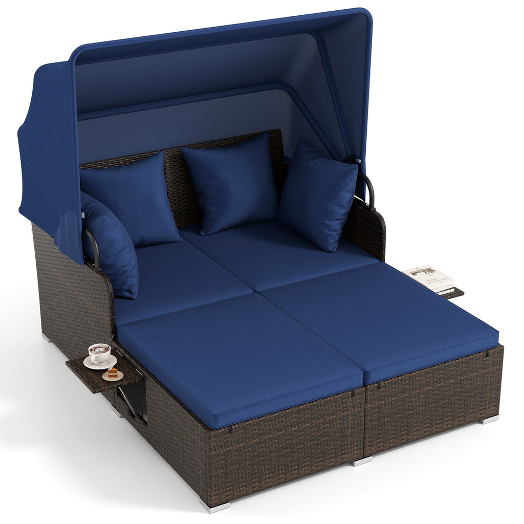 Outdoor Patio Rattan Daybed with Retractable Canopy and Side Tables