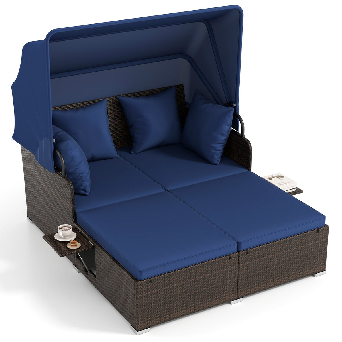 Outdoor Patio Rattan Daybed with Retractable Canopy and Side Tables