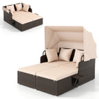Outdoor Patio Rattan Daybed with Retractable Canopy and Side Tables