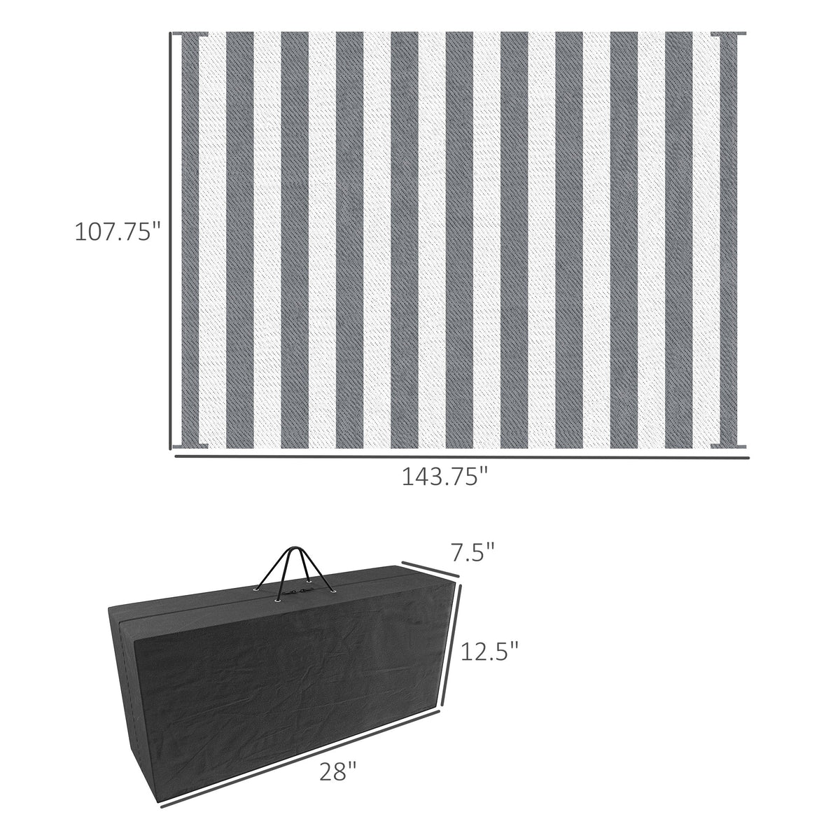 9' x 12' Waterproof Plastic Straw Outdoor Floor Mat, Gray & White Striped Design