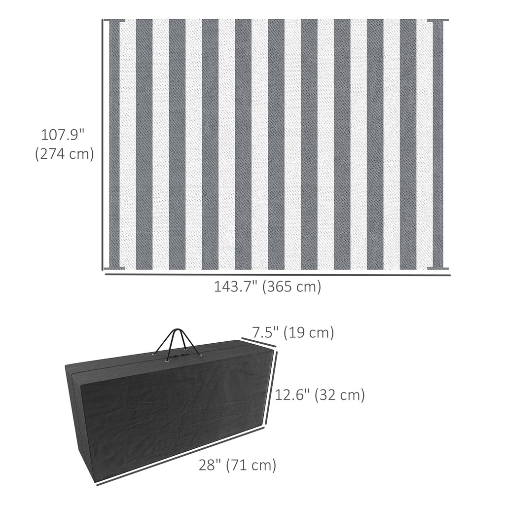 Reversible Rug with Carry Bag, 9' x 12' Waterproof RV Carpet, Stripe, Grey & White