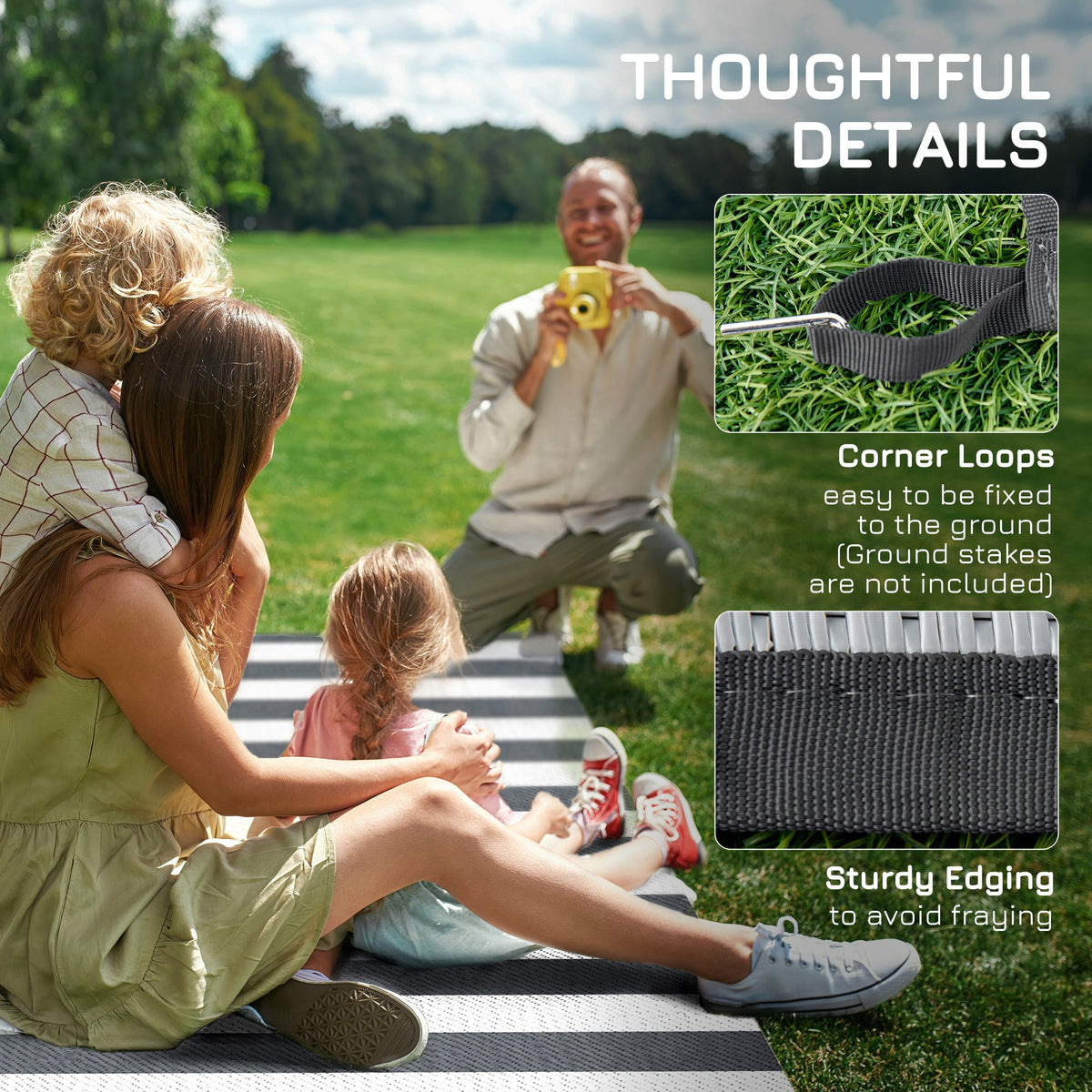 9' x 12' Waterproof Plastic Straw Outdoor Floor Mat, Gray & White Striped Design