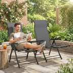 Set of 2 Folding Patio Chairs with Footrest and 5-Position Recline, Dark Grey