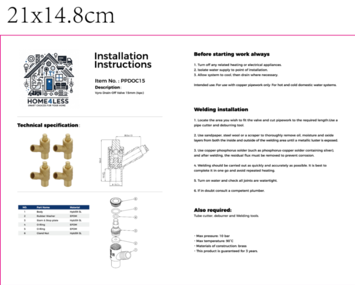 Home4less 15mm Brass Drain Off Cock (4 Pack)