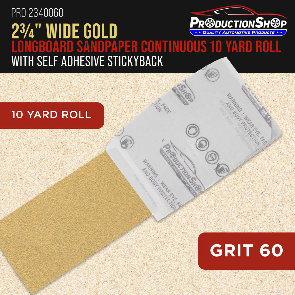 Premium 60 Grit PSA Gold Longboard Sandpaper, 2-3/4" Wide Continuous 10 Yard Roll - Self Adhesive Stickyback