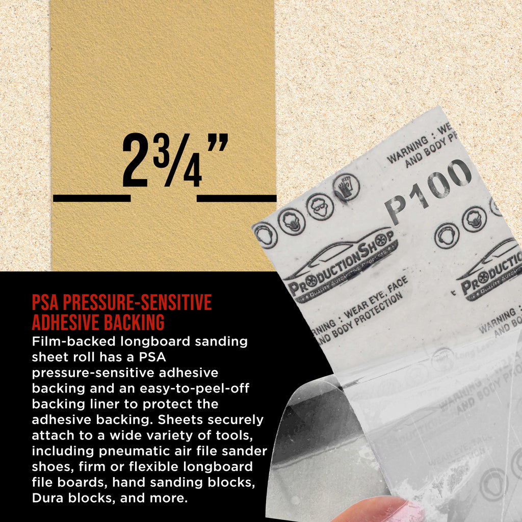 Premium 100 Grit PSA Gold Longboard Sandpaper, 2-3/4" Wide Continuous 12 Yard Roll - Self Adhesive Stickyback