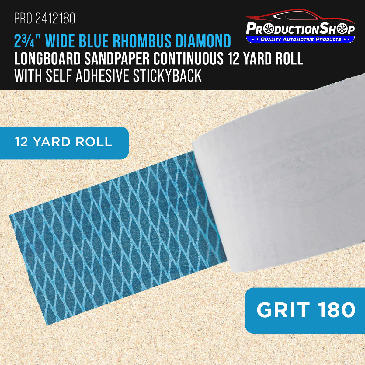 180 Grit PSA Rhombus Diamond Shape Blue Longboard Sandpaper, 2-3/4" Wide Continuous 12 Yard Roll - Self Adhesive Stickyback