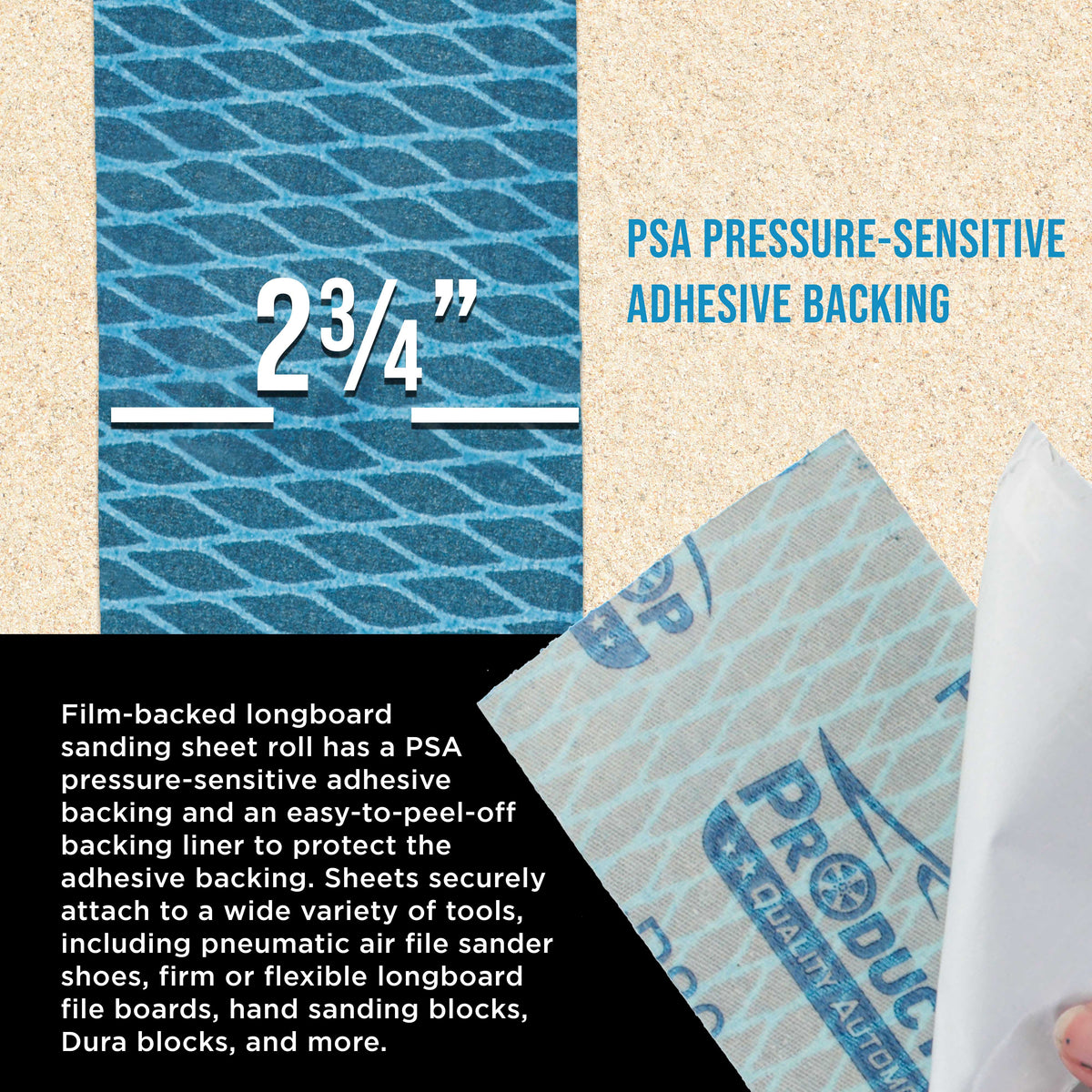180 Grit PSA Rhombus Diamond Shape Blue Longboard Sandpaper, 2-3/4" Wide Continuous 12 Yard Roll - Self Adhesive Stickyback