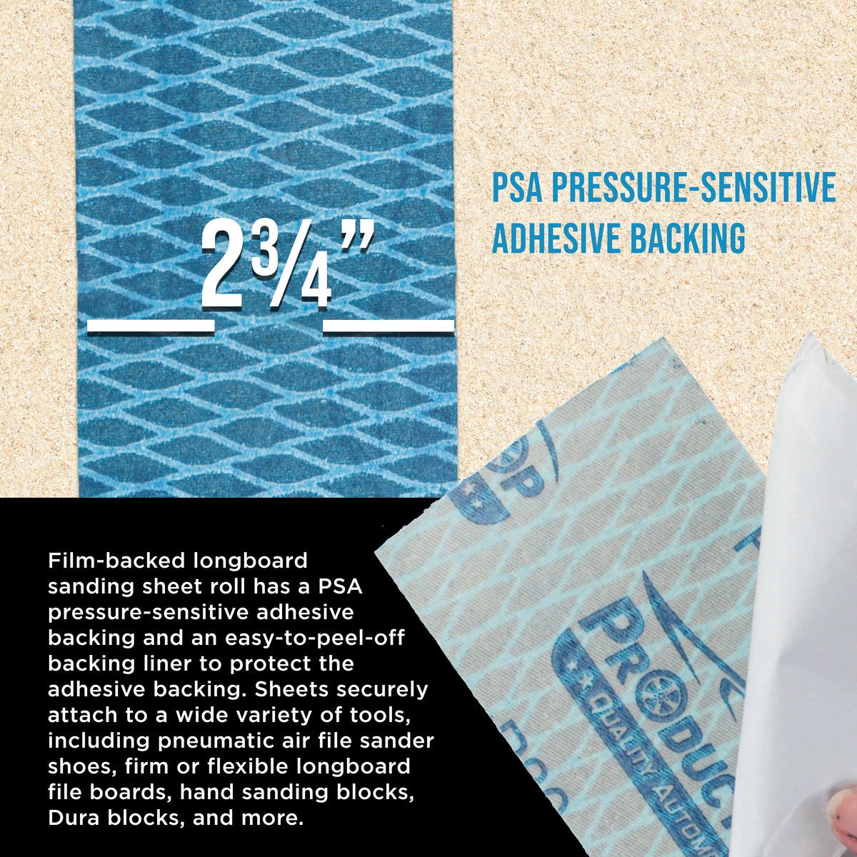 220 Grit PSA Rhombus Diamond Shape Blue Longboard Sandpaper, 2-3/4" Wide Continuous 12 Yard Roll - Self Adhesive Stickyback
