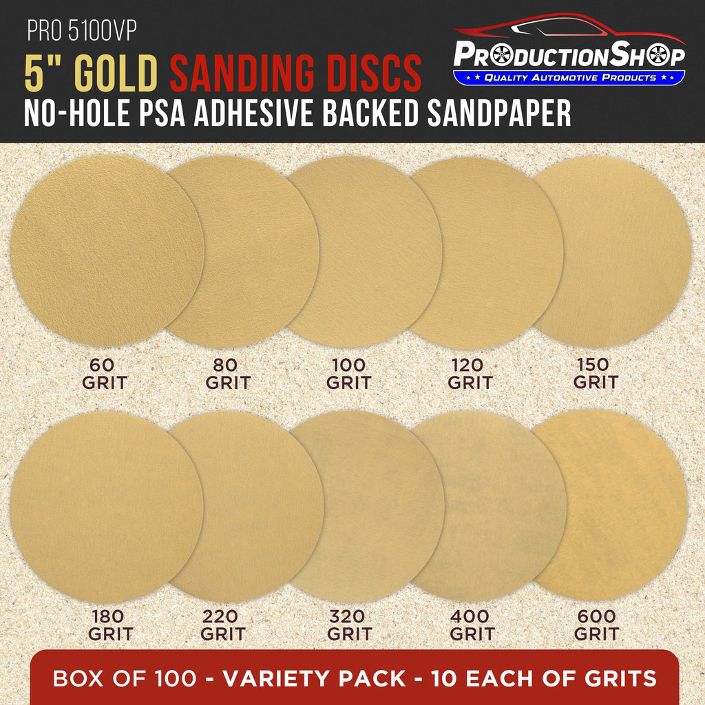 Premium 5" PSA Gold Sanding Discs, 100 Disc Variety Pack, Grits 60, 80, 100, 120, 150, 180, 220, 320, 400, 600 - Self Adhesive Stickyback Sandpaper, DA & Random Orbital Sanders