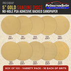 Premium 5" PSA Gold Sanding Discs, 100 Disc Variety Pack, Grits 60, 80, 100, 120, 150, 180, 220, 320, 400, 600 - Self Adhesive Stickyback Sandpaper, DA & Random Orbital Sanders