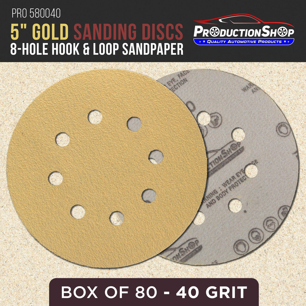 Premium 40 Grit 5" Gold Sanding Discs, 8-Hole Pattern, Box of 80 - Dustless Hook & Loop Backing Sandpaper for DA & Random Orbital Sanders