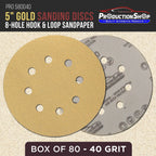 Premium 40 Grit 5" Gold Sanding Discs, 8-Hole Pattern, Box of 80 - Dustless Hook & Loop Backing Sandpaper for DA & Random Orbital Sanders