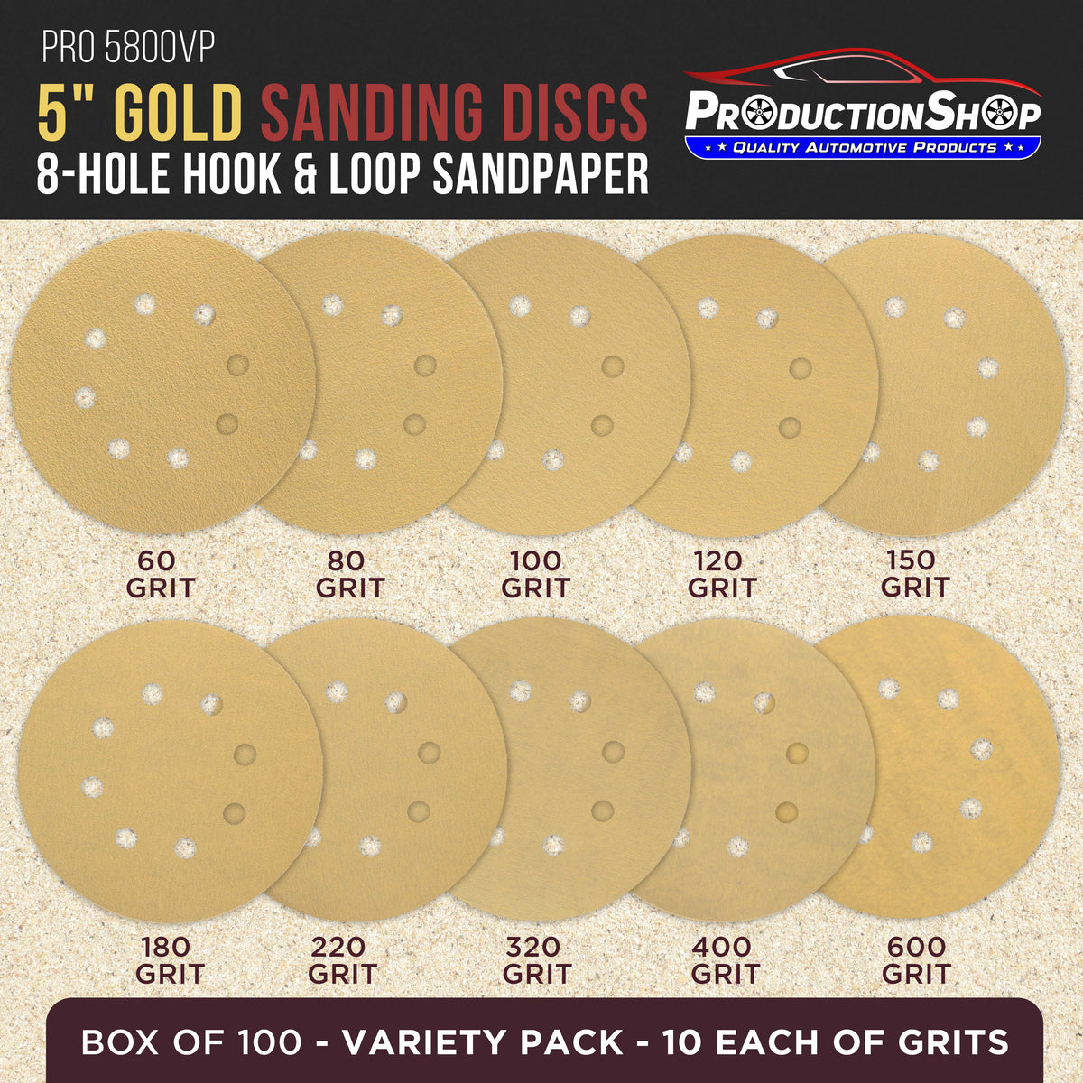 Premium 5" Gold Sanding Discs, 8-Hole Pattern, 100 Disc Variety Pack, Grits 60, 80, 100, 120, 150, 180, 220, 320, 400, 600 - Heavy-Duty Hook & Loop Sandpaper, DA, Random Orbital Sander