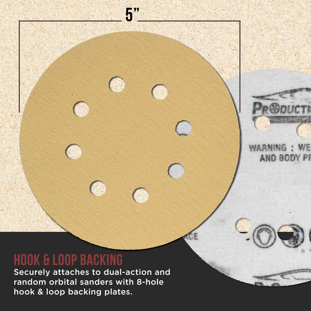Premium 100 Grit 5" Gold Sanding Discs, 8-Hole Pattern, Box of 100 - Dustless Hook & Loop Backing Sandpaper for DA & Random Orbital Sanders