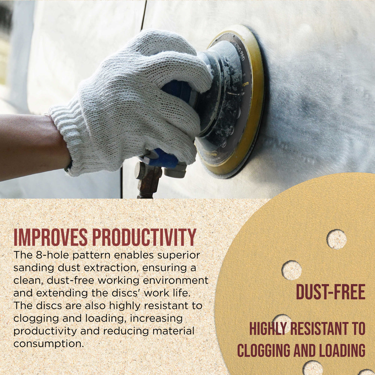 Premium 150 Grit 5" Gold Sanding Discs, 8-Hole Pattern, Box of 100 - Dustless Hook & Loop Backing Sandpaper for DA & Random Orbital Sanders