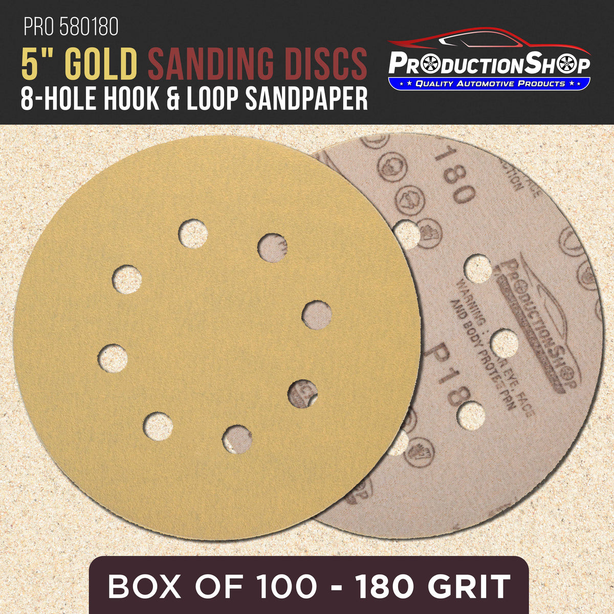 Premium 180 Grit 5" Gold Sanding Discs, 8-Hole Pattern, Box of 100 - Dustless Hook & Loop Backing Sandpaper for DA & Random Orbital Sanders
