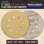 Premium 220 Grit 5" Gold Sanding Discs, 8-Hole Pattern, Box of 100 - Dustless Hook & Loop Backing Sandpaper for DA & Random Orbital Sanders