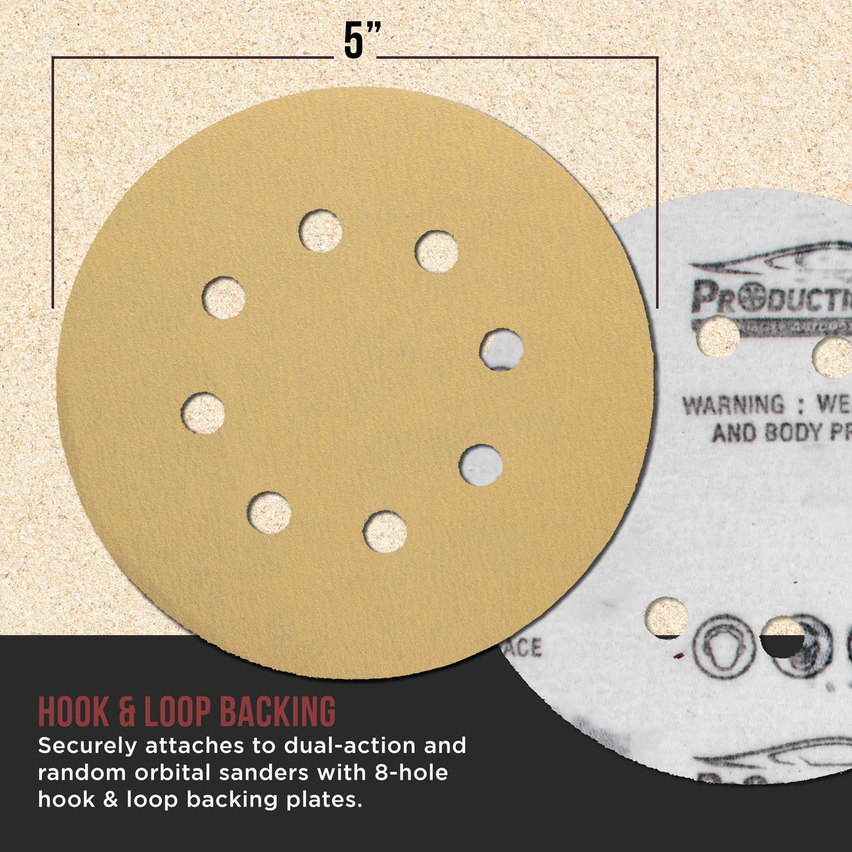 Premium 220 Grit 5" Gold Sanding Discs, 8-Hole Pattern, Box of 100 - Dustless Hook & Loop Backing Sandpaper for DA & Random Orbital Sanders