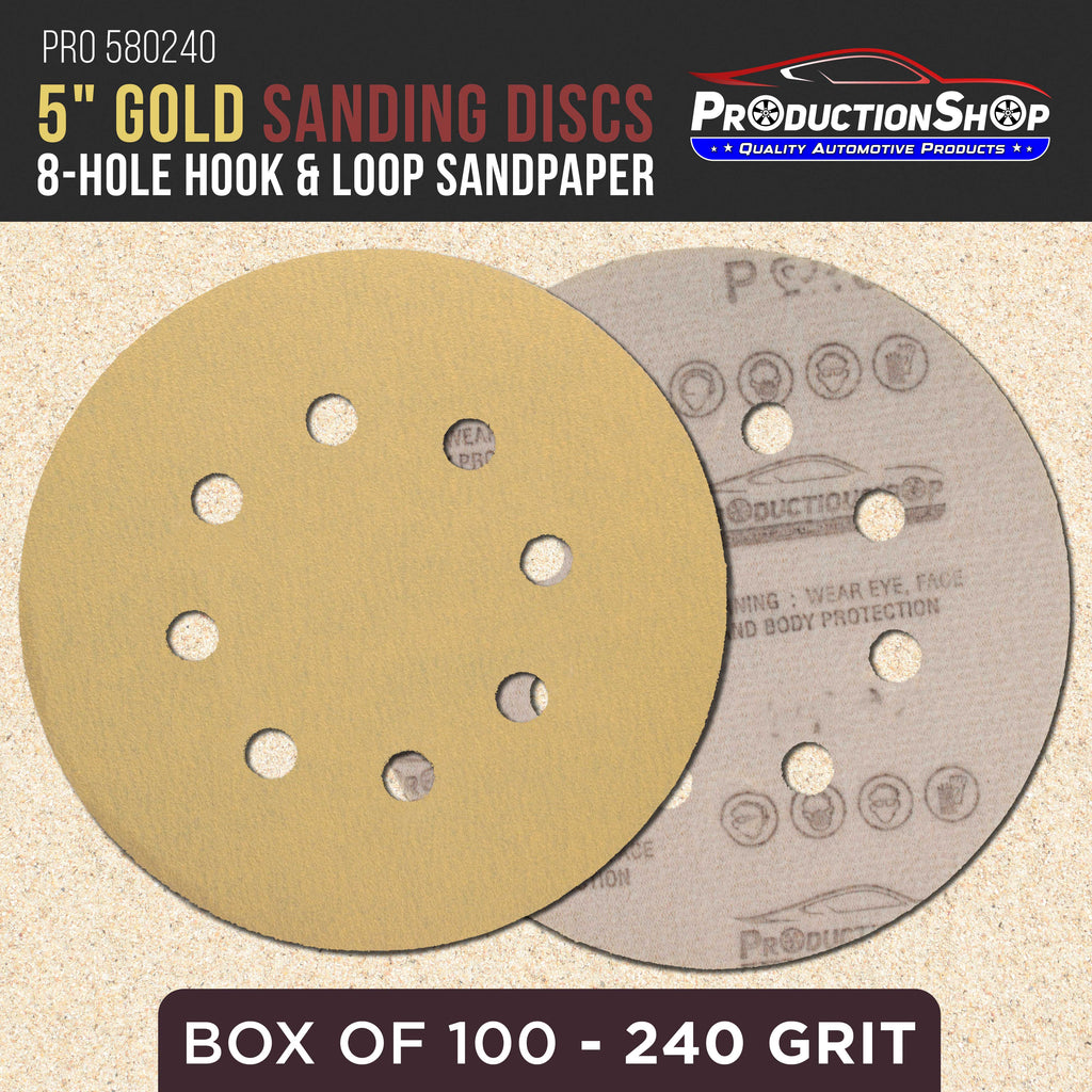 Premium 240 Grit 5" Gold Sanding Discs, 8-Hole Pattern, Box of 100 - Dustless Hook & Loop Backing Sandpaper for DA & Random Orbital Sanders