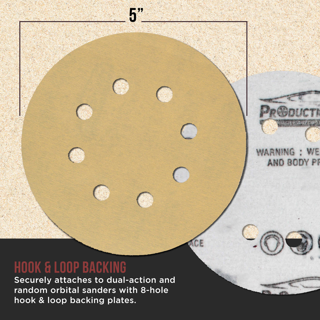 Premium 320 Grit 5" Gold Sanding Discs, 8-Hole Pattern, Box of 100 - Dustless Hook & Loop Backing Sandpaper for DA & Random Orbital Sanders