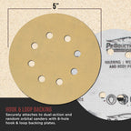 Premium 320 Grit 5" Gold Sanding Discs, 8-Hole Pattern, Box of 100 - Dustless Hook & Loop Backing Sandpaper for DA & Random Orbital Sanders