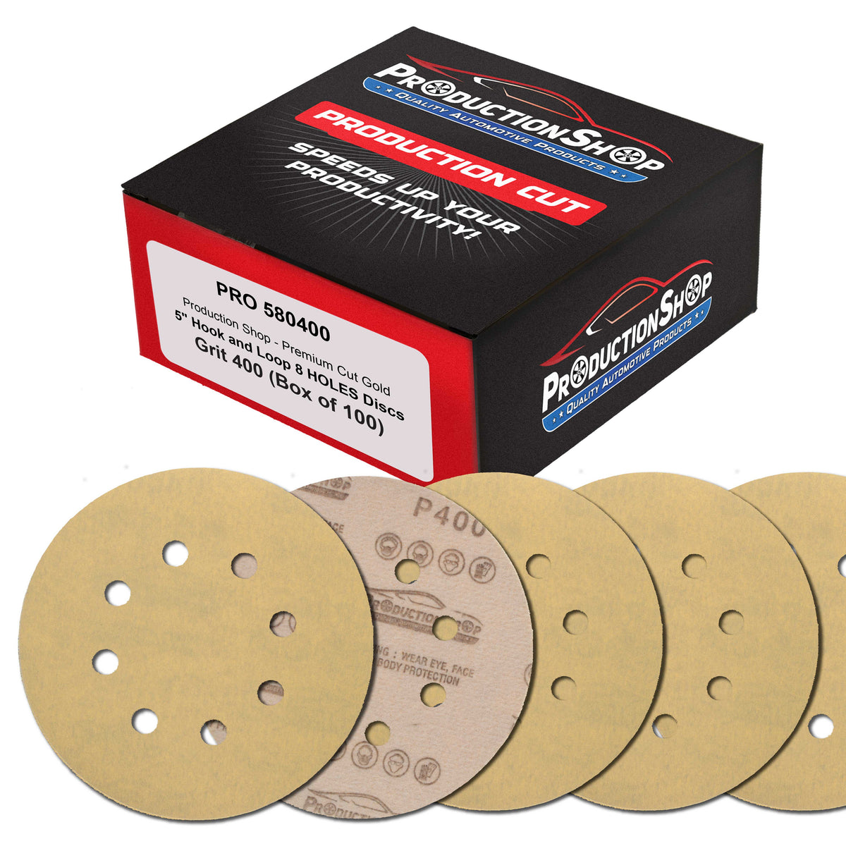Premium 400 Grit 5" Gold Sanding Discs, 8-Hole Pattern, Box of 100 - Dustless Hook & Loop Backing Sandpaper for DA & Random Orbital Sanders