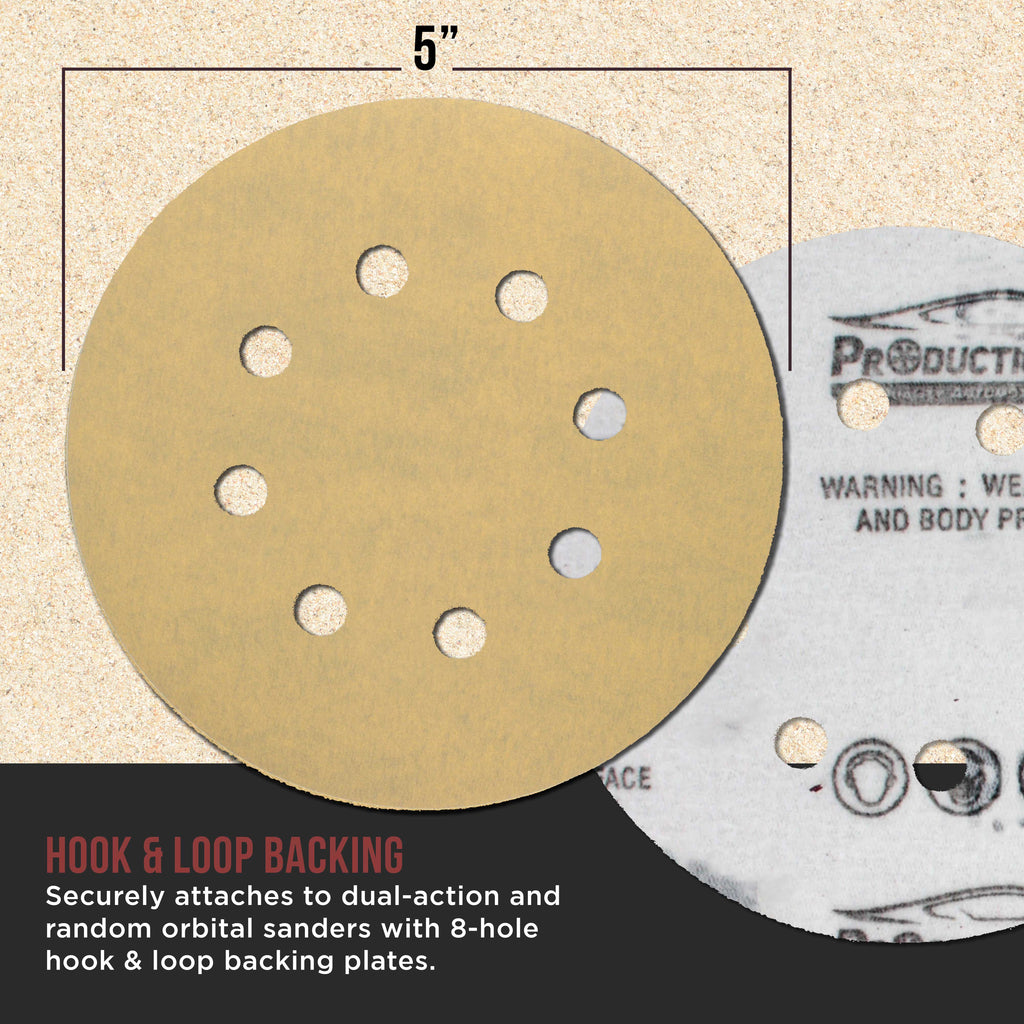 Premium 400 Grit 5" Gold Sanding Discs, 8-Hole Pattern, Box of 100 - Dustless Hook & Loop Backing Sandpaper for DA & Random Orbital Sanders