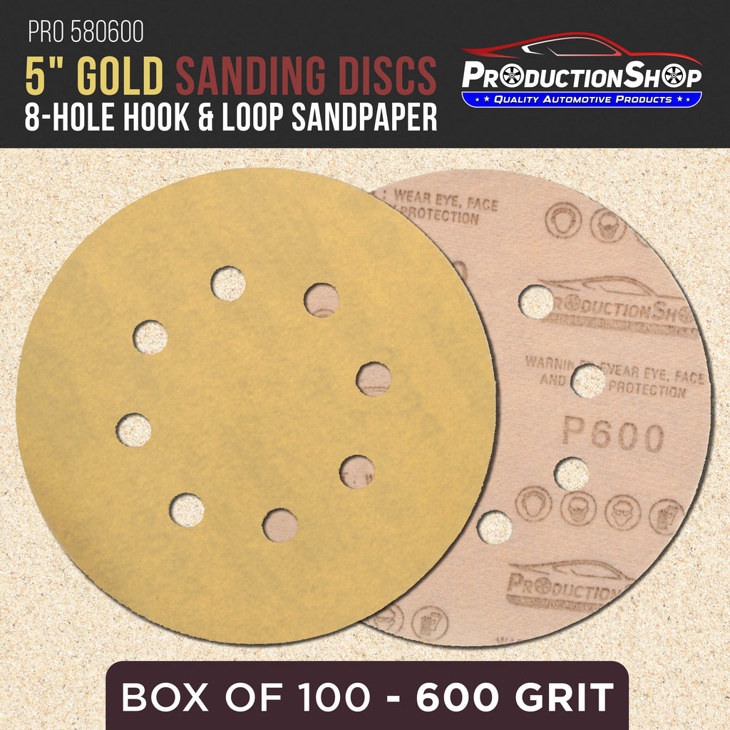 Premium 600 Grit 5" Gold Sanding Discs, 8-Hole Pattern, Box of 100 - Dustless Hook & Loop Backing Sandpaper for DA & Random Orbital Sanders